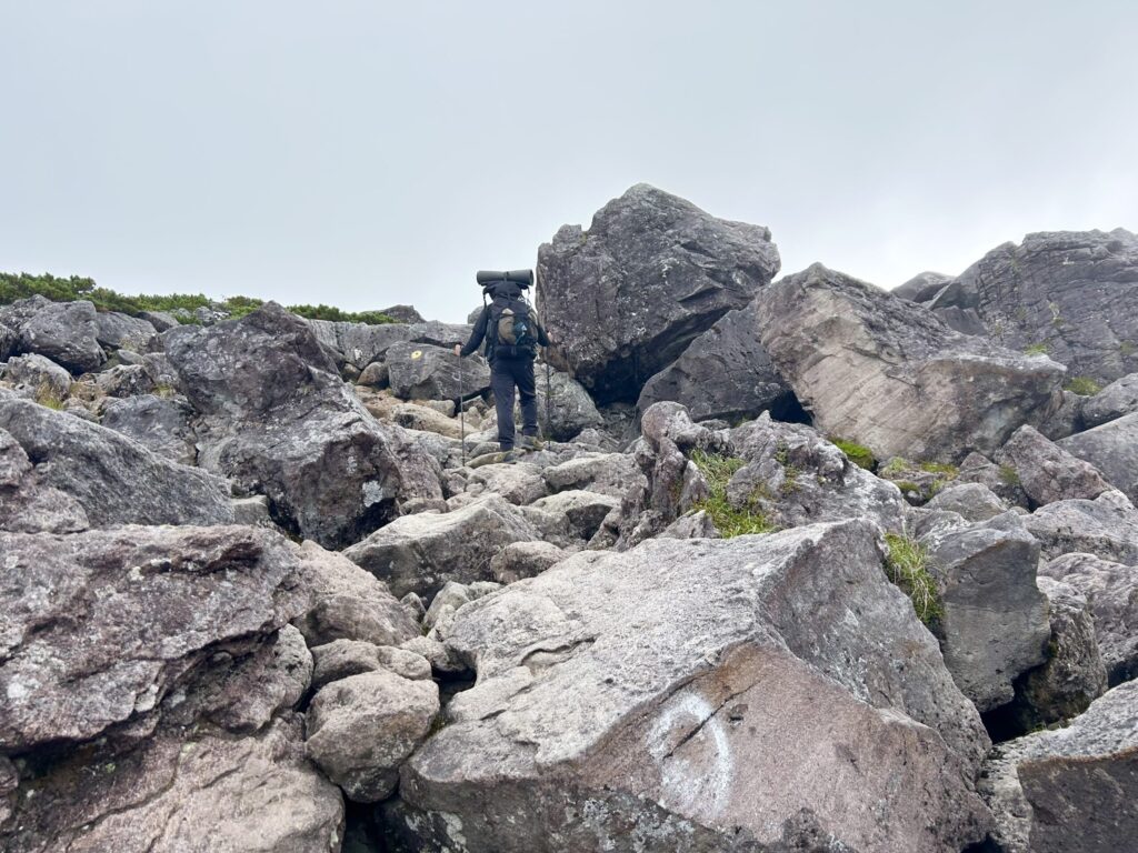 栂池から白馬大池までの登山道の様子。大きな岩を超えている様子。